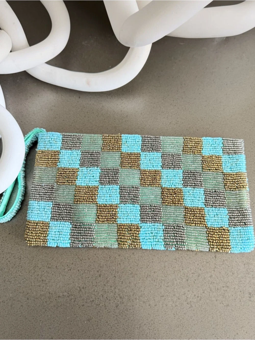 Beaded Checkerboard Clutch Bag Turquoise Gold Silver